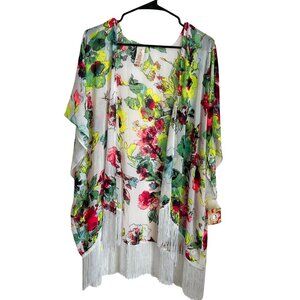 Ocean Pacific Size Large (11-13) Floral Kimono Frayed Swimsuit Cover up